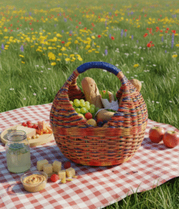 Canasto artesanal en esparto rojo y azul, tejido a mano en Cerinza, Boyacá, con capacidad para 30 huevos o uso en picnic.