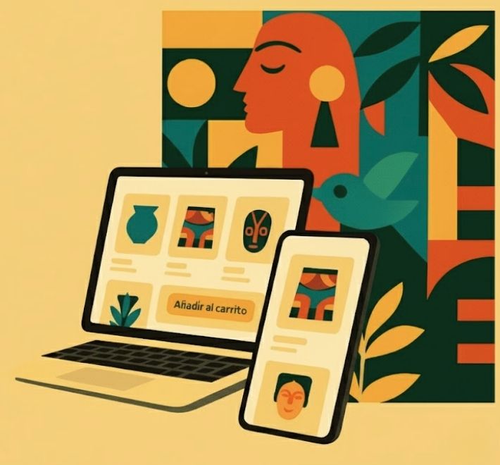 Ilustración de estilo artesanal que muestra una tienda en línea con productos culturales, representada en un computador y un celular sobre un fondo con figuras geométricas y tonos cálidos.