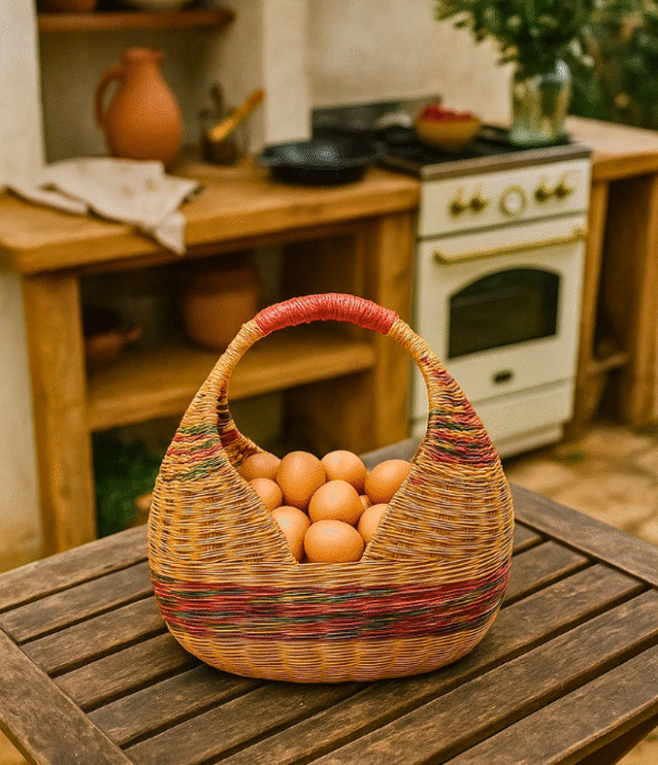 Canasto artesanal en esparto con franjas multicolor tejido a mano en Cerinza, Boyacá, capacidad para 30 huevos.