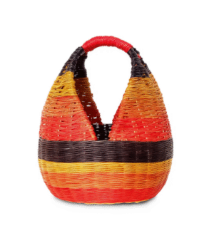 Canasto artesanal tricolor en esparto, tejido a mano en Cerinza, Boyacá, con colores rojo, amarillo y negro y capacidad para 30 huevos.