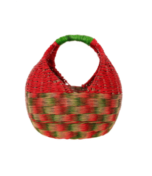 Canasto artesanal tipo picnic en esparto rojo y verde, tejido a mano en Cerinza, Boyacá, con capacidad para 30 huevos.