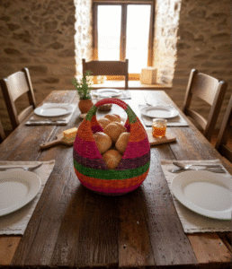 Canasto artesanal en esparto multicolor tejido a mano en Cerinza, Boyacá, con tonos vivos y capacidad para 30 huevos.