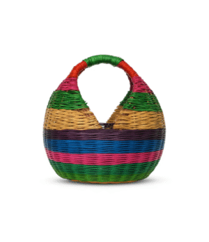 Canasto artesanal en esparto tejido a mano en Cerinza, Boyacá, con tonos fucsia, verde, azul y natural, capacidad para 30 huevos.