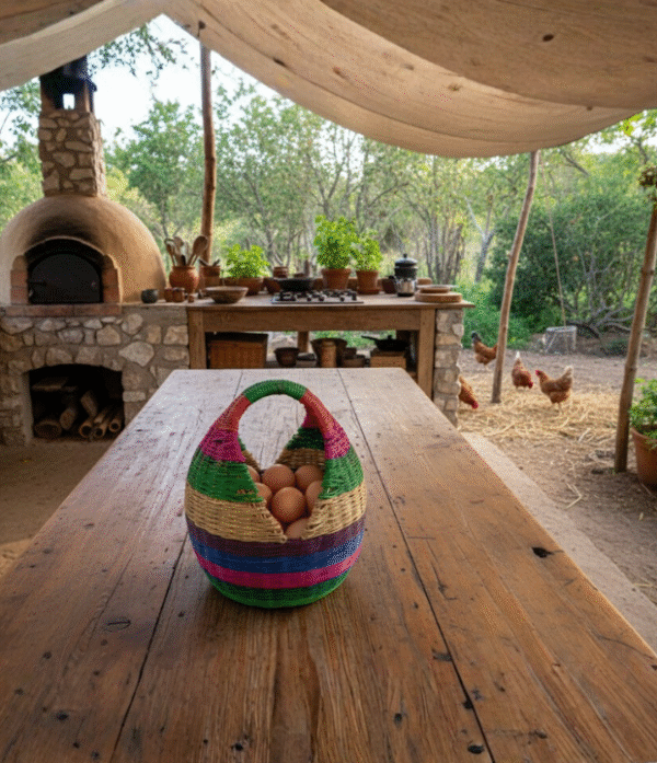 Canasto artesanal en esparto tejido a mano en Cerinza, Boyacá, con tonos fucsia, verde, azul y natural, capacidad para 30 huevos.