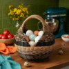 Canasto artesanal en esparto natural y negro, tejido a mano en Cerinza, Boyacá, con capacidad para 30 huevos.