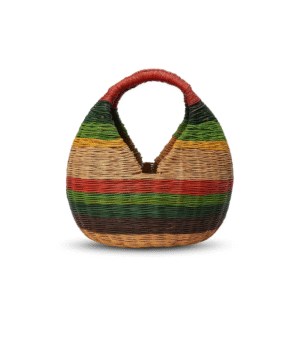 Canasto artesanal de esparto multicolor tejido a mano en Cerinza, Boyacá, con colores vivos y diseño tradicional colombiano.