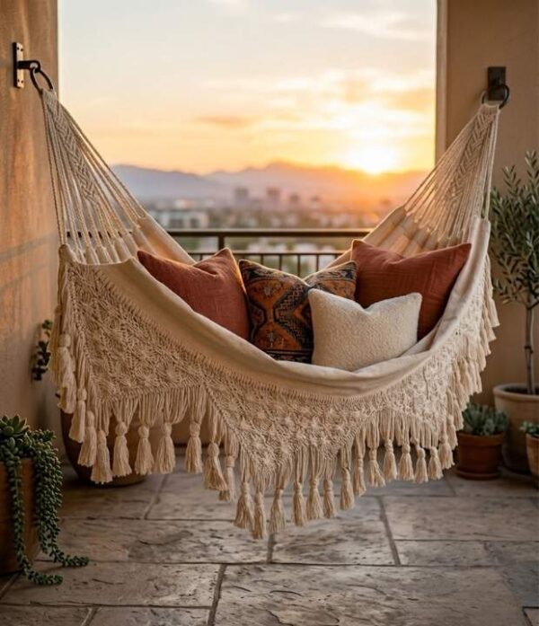 Hamaca doble artesanal de macramé en terraza Hamaca doble artesanal de macramé en algodón