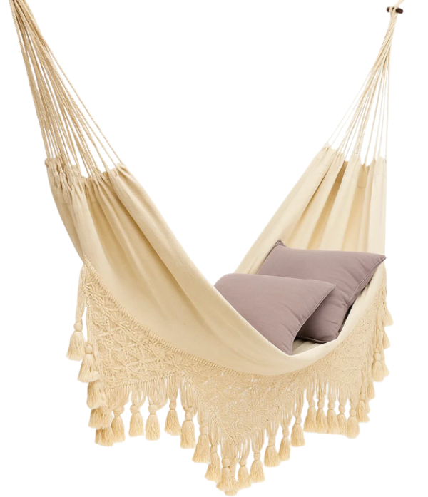 Hamaca doble artesanal de macramé con cojines Hamaca doble artesanal de macramé en algodón
