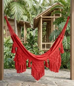 hamaca roja macrame en algodón tejida a mano