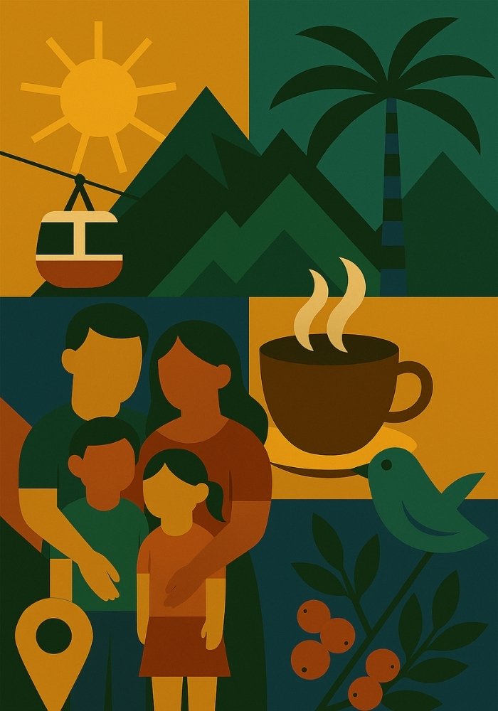 Ilustración geométrica estilo Unpacking Colombia con montañas verdes, sol, palmera, familia, taza de café humeante y un ave tropical, representando la calidez y alegría colombiana.