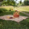 Canasto de esparto para huevos de Cerinza usado en un picnic sobre un mantel, con panes y naturaleza alrededor.