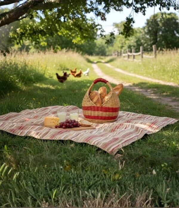 Canasto de esparto para huevos de Cerinza usado en un picnic sobre un mantel, con panes y naturaleza alrededor.