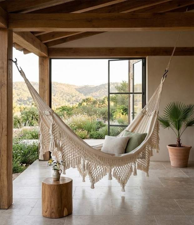 hamaca blanca macrame en algodón tejida a mano
