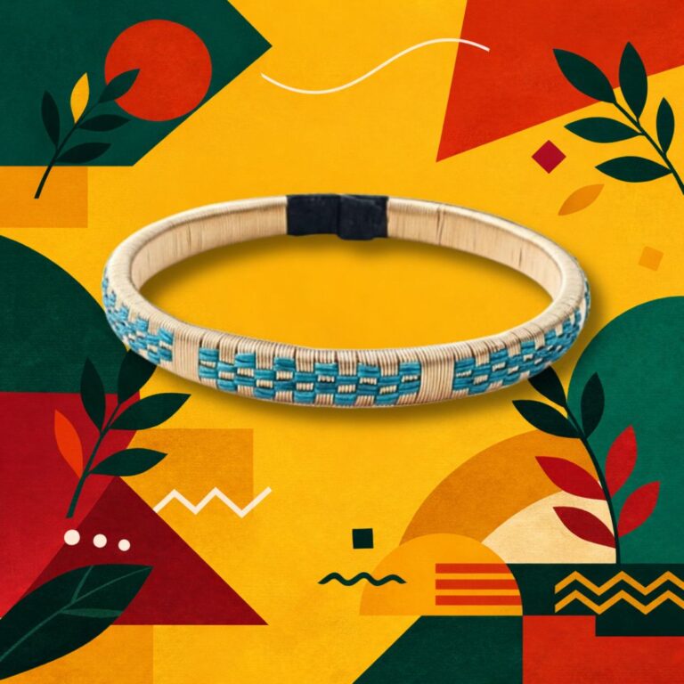 Pulsera de cobre y werregue hecha a mano por artesanas Wounaan del Chocó, combinando cobre dorado y tejido tradicional en diseño contemporáneo.