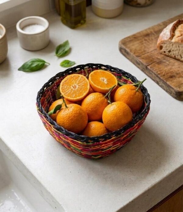 canasto de esparto multicolor oscuro tejido a mano