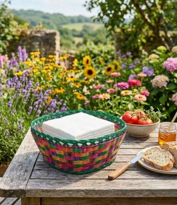 canasto de esparto multicolor verde tejido a mano