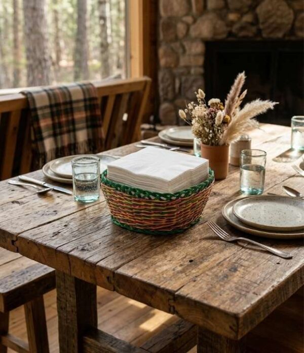 canasto de esparto cuadrado verde tejido a mano