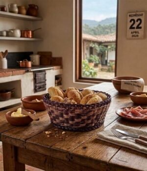 Canasto de esparto cuadrado vino y natural utilizado para servir pan en una mesa de comedor.