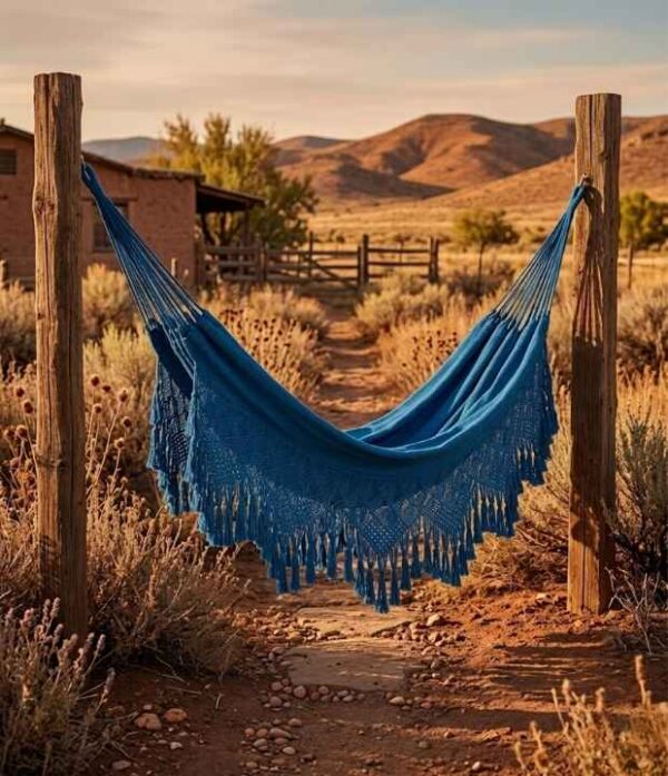 hamaca azul macrame en algodón tejida a mano