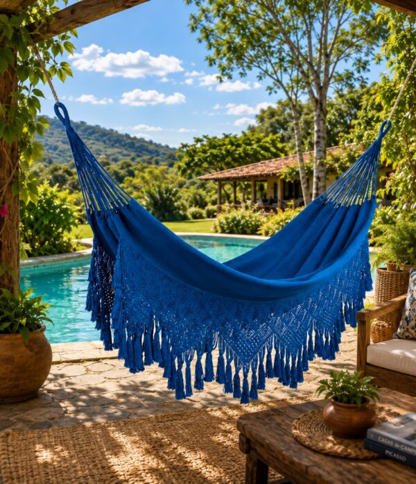 Hamaca extradoble de macramé color azul instalada en un espacio exterior y elaborada por artesanos de Morroa