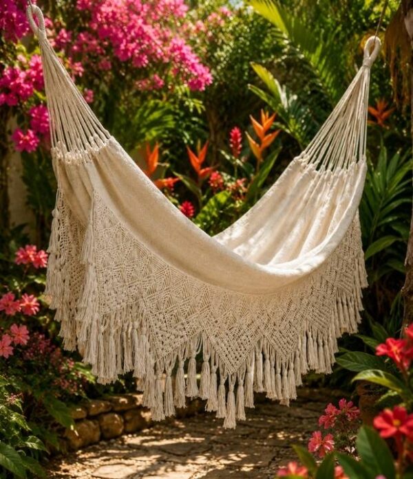 amaca extradoble de macramé color crudo en jardín Hamaca extradoble de macramé