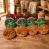 Portavasos de esparto artesanales disponibles en diseños de sandía, limón y naranja.