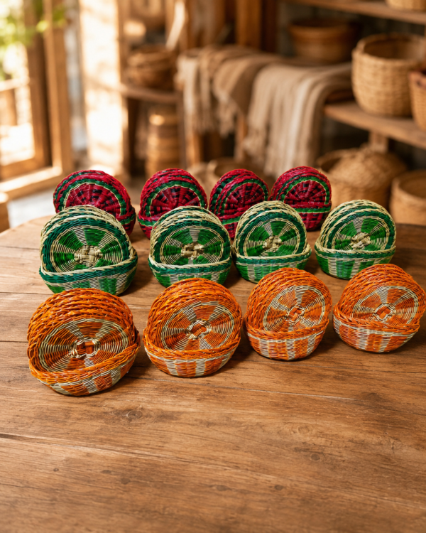 Portavasos de esparto artesanales disponibles en diseños de sandía, limón y naranja.