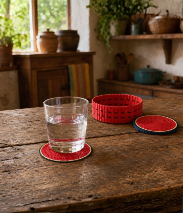 Vaso de agua sobre un portavasos de iraca con diseño de sandía tejido a mano en Sandoná, Nariño.