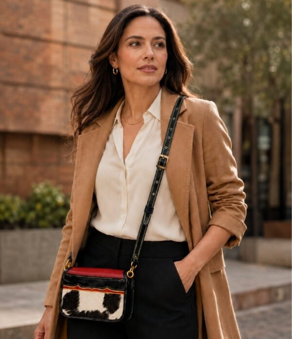 Mujer con blazer café usando carriel jericoano de pelo natural blanco café