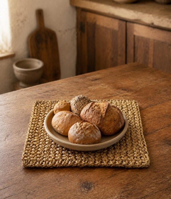 Plato con panes sobre portacalientes cuadrado de fique de 25 × 25 cm