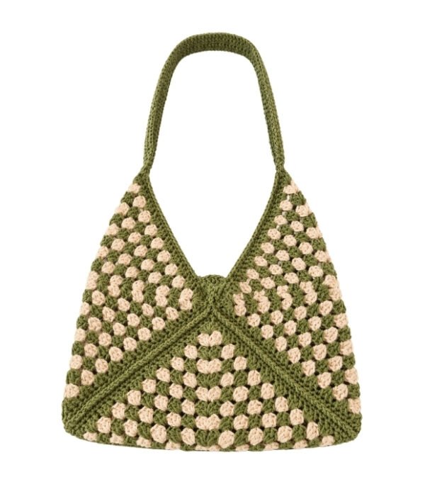 Bolso tejido a crochet verde militar y beige con cargadera ancha