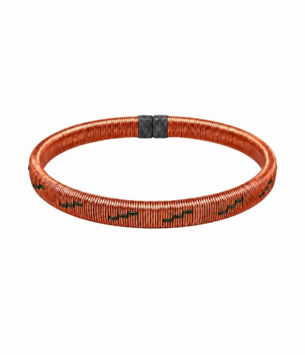 Pulsera de cobre y werregue verde diseño Diagonales Pulsera de cobre y werregue artesanal con fibra de werregue verde oscuro en diseño Diagonales