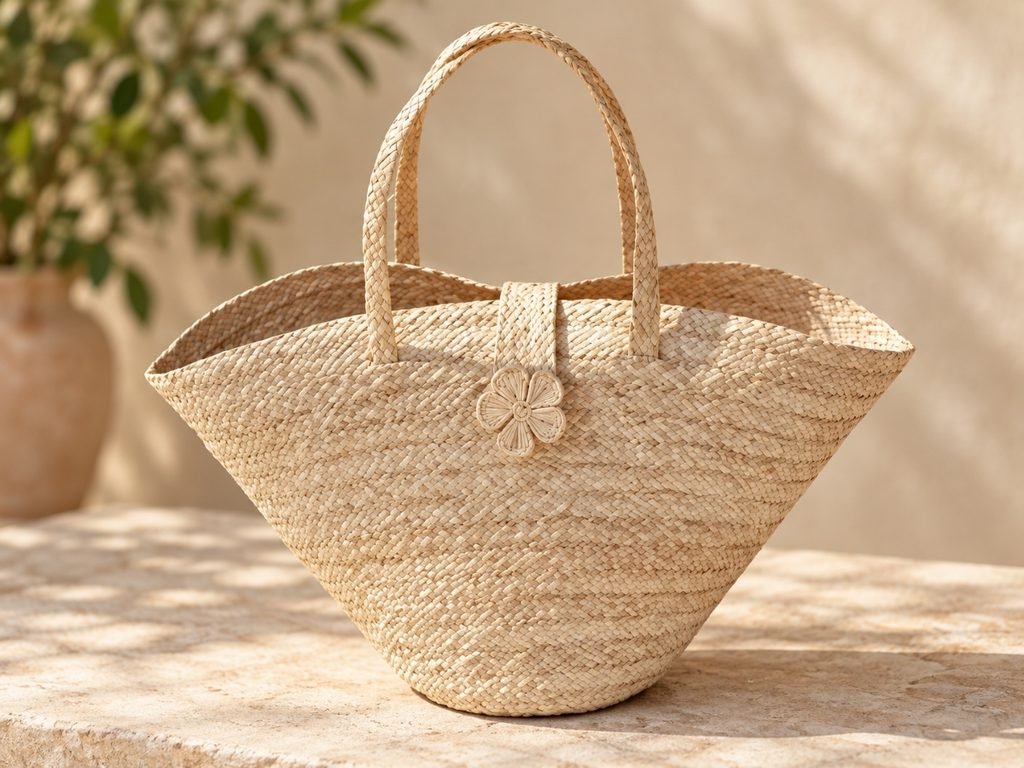 Bolso artesanal de fibra natural con asas largas y cierre de flor