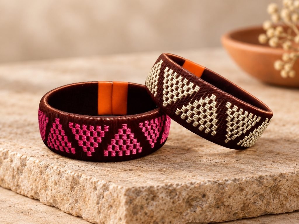 Pulseras artesanales con diseños geométricos en fucsia y blanco