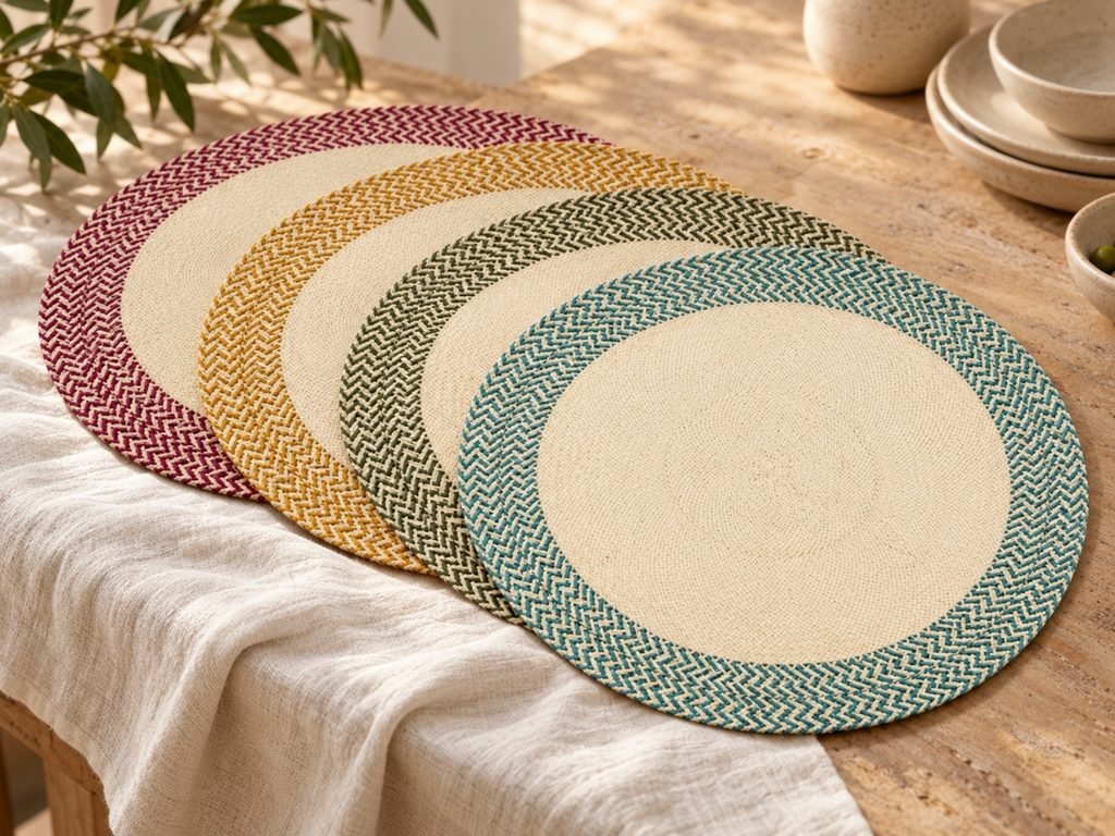 Individuales artesanales con bordes tejidos en turquesa, verde, amarillo y vinotinto