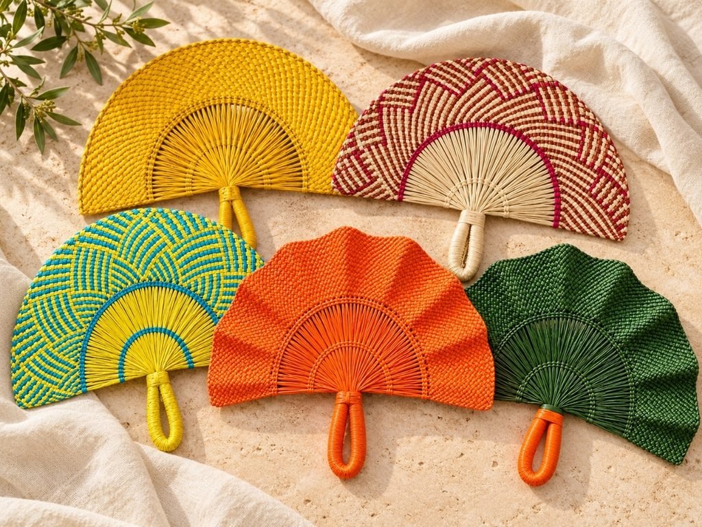 Abanicos artesanales de palma en distintos colores y tejidos